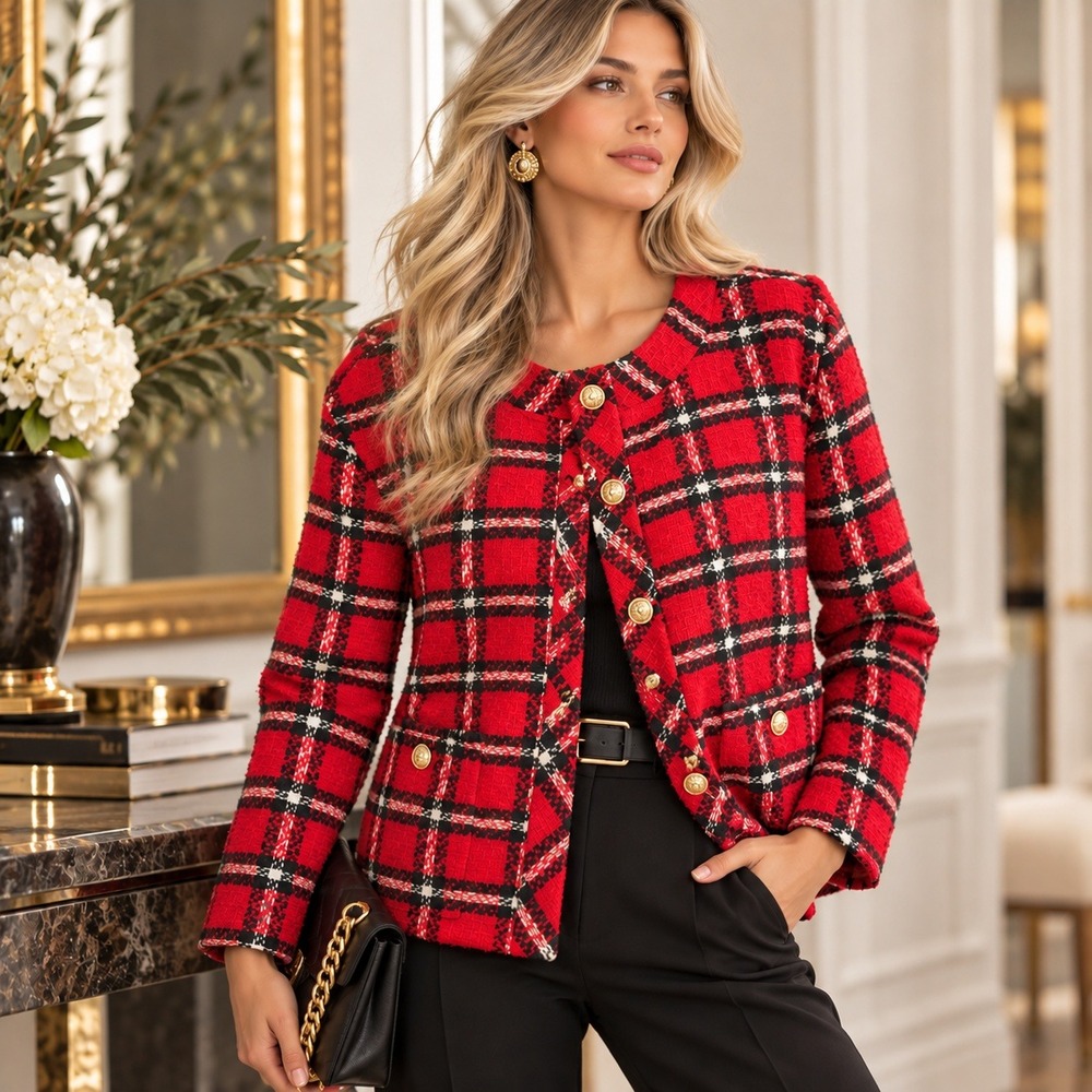 English Factory Red Plaid Tweed Jacket Gold Button Boucle Blazer XL NEW